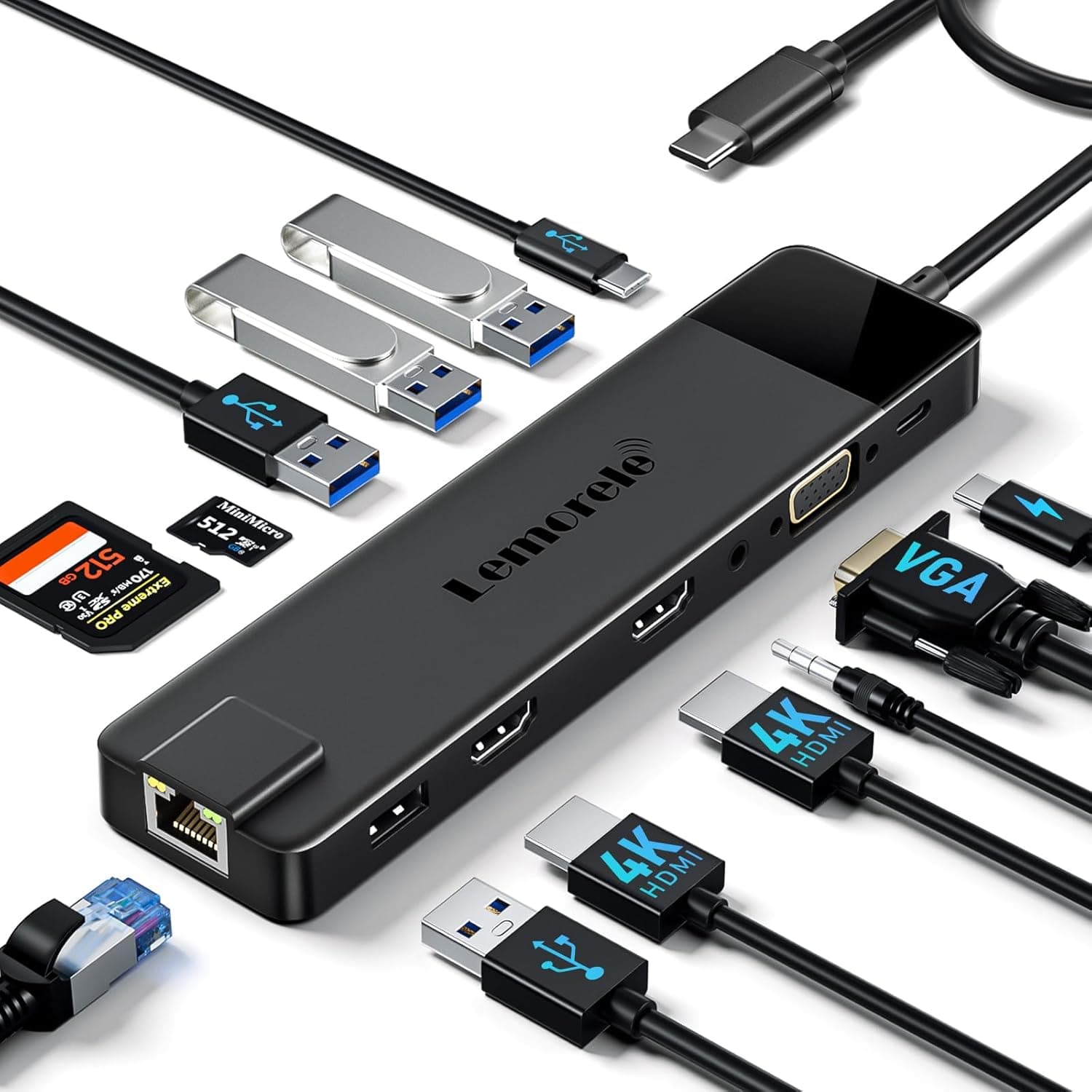 Lemorele Station d'accueil USB C Double HDMI 4K & VGA, Hub USB C 13 en 1 Adaptateur Multiport
