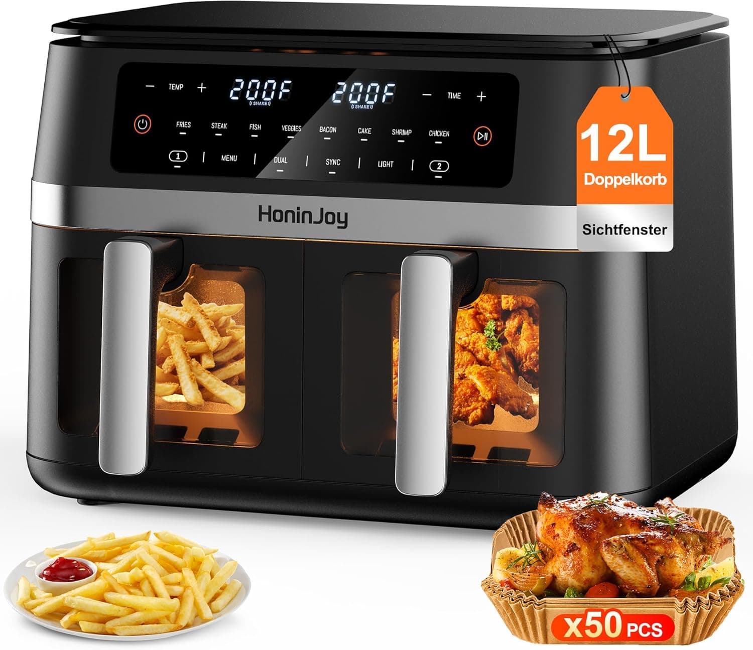 12L Air Fryer, Large Double Compartment Hot Air Fryer Window Digital Touch Screen 10-in-1